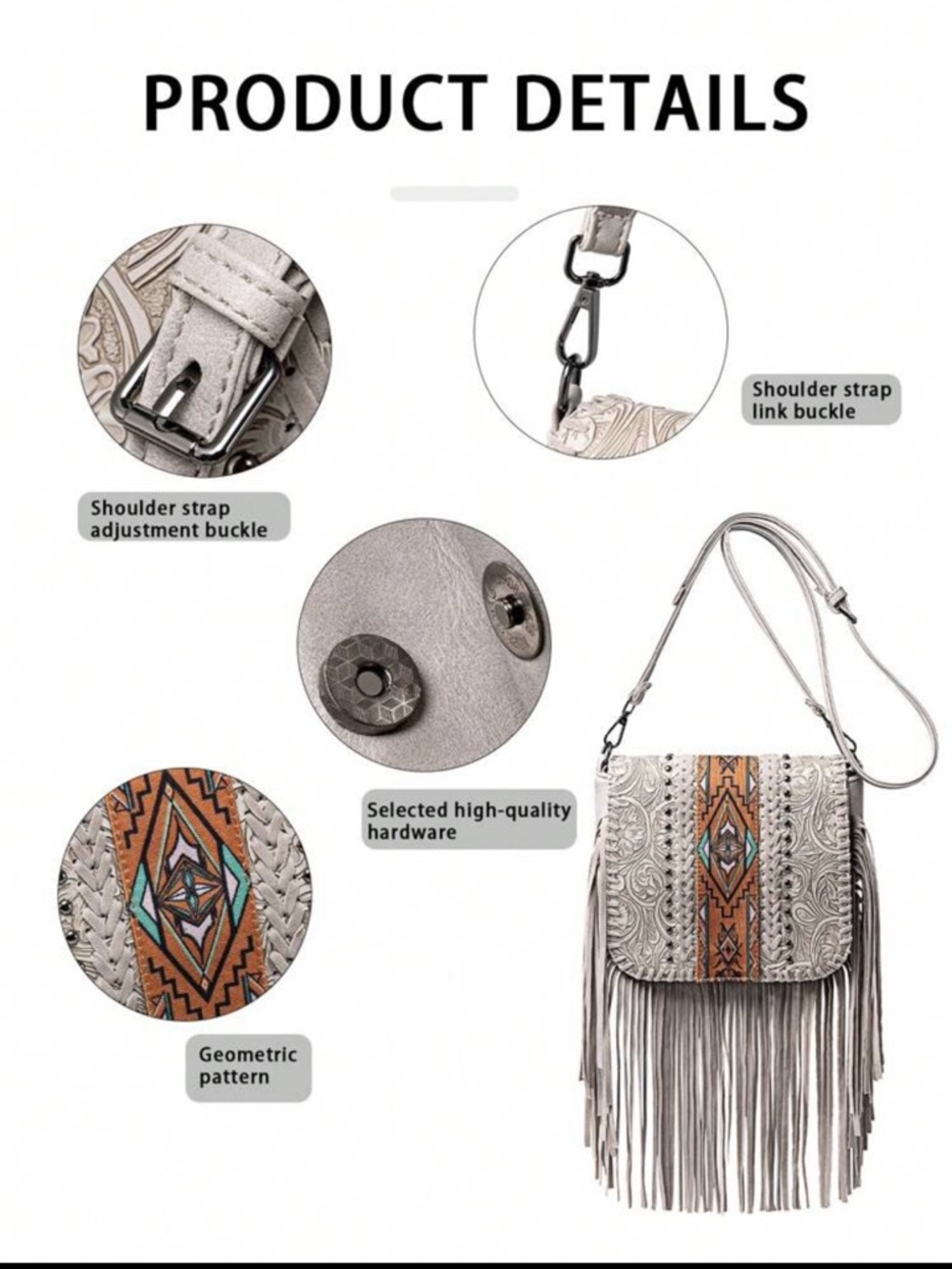 Light Gray Embossed Vegan Fringe Crossbody Bag with Aztec Stripe - Picture 7 of 11